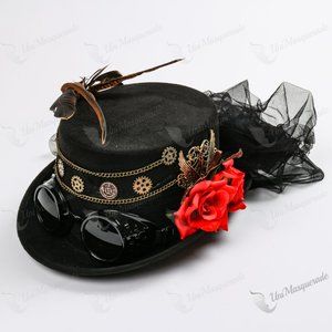 Black Steampunk Rose Feather Laces & Goggles HAT
